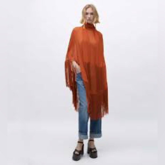 BLOGGERS FAV ZARA SHEER HIGH COLLAR FRINGE CAPE TOP - Picture 3 of 10